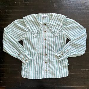 GANNI striped button front ruffle collared shirt